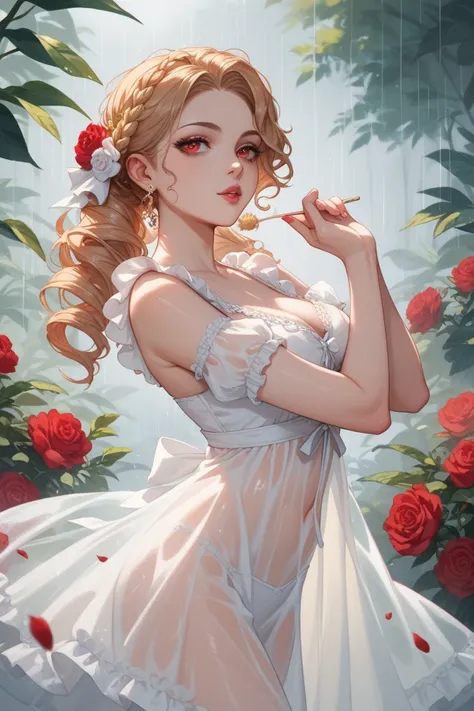  20-year-old woman, pale skin ruby red eyes ,  Straw Berry blond hair with long curlers,  dancing in the blood rain ,  wearing a white Victorian see-through style nightgown