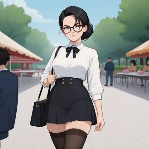 Cartoon screencap 2d, adult woman, casual blouse,  stockings, skirt, black hair, Handbag , Arrogant strict Face, glasses, Serious face, In the café, solo, 