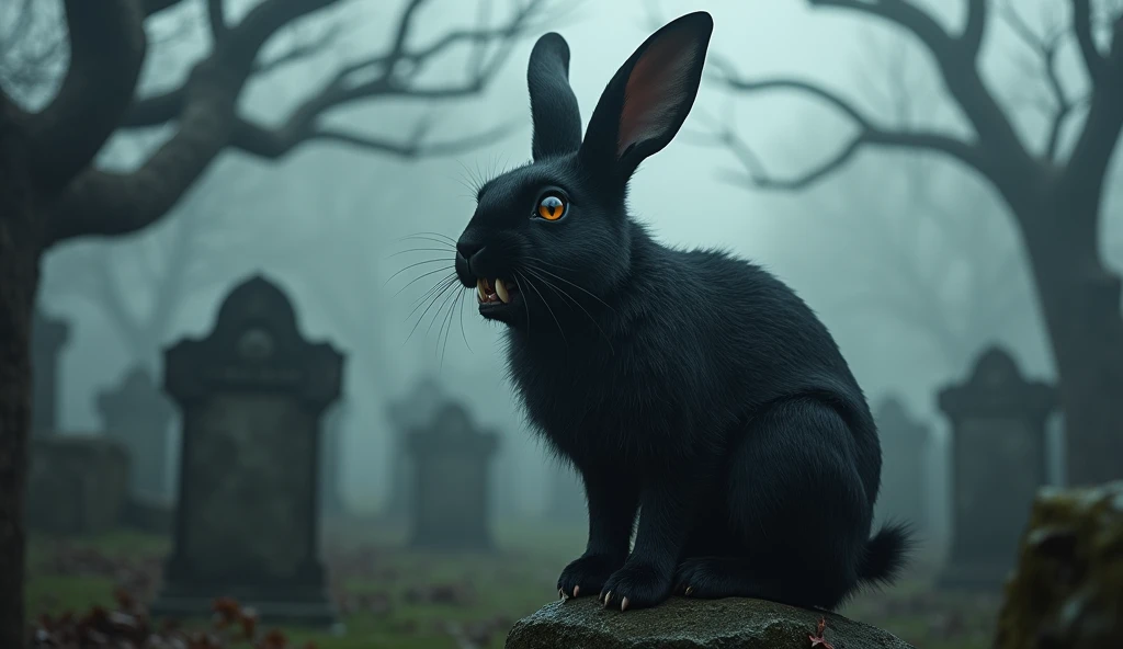 A large Black Rabbit with fangs sitting on a grave in a graveyard gothic and misty