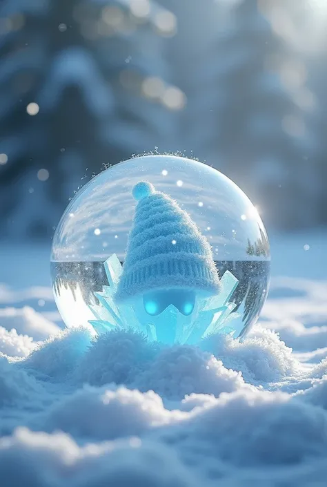 Crystal ball in the snow ,  with an ice hat inside 