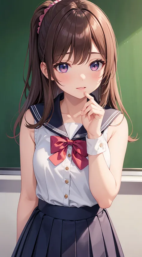  1 girl,  top quality, high res,  high definition, (Illustration),  beautiful detailed eyes , scrunchie  ,  glossy lips , light makeup, school uniform,   ,  blush, (smile:0.5), sexy, sleeveless