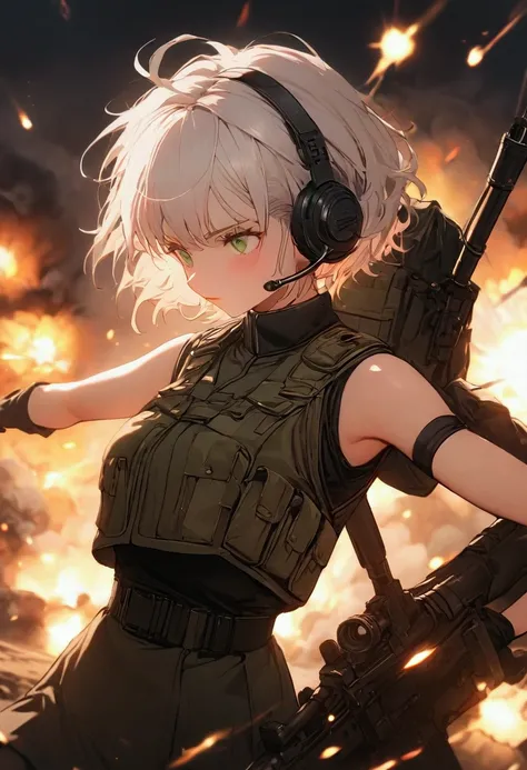 masterpiece , a girl, in battlefield, ( lite white short hair:1.2), (green eyes:1.2), (polish Millitary Uniform:1.2), (8k, best quality 1.2), ultra-detailed, 8k uhd, soft lighting, high quality, film grain, beautiful lighting, cinematic ,perfect body , bes...