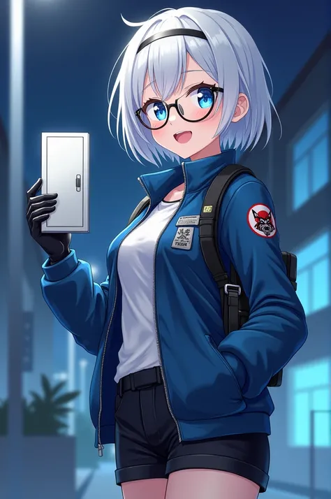  18 year old girl, happy smile, attractive, blue eyes, round glasses,  short white hair,  blue left ribbon ,  Blue combat jacket with wolf symbol on the arm, white shirt,  black gloves,  black shorts ,  military tactical equipment ,  Pose holding a medicin...