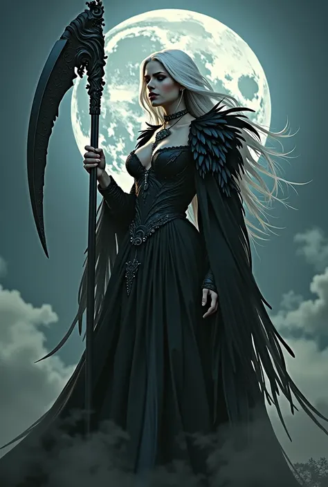 Picture of an adult woman wearing a grim reaper costume。 She has a scythe bigger than the multiverse compared to Earth。 Shes just a grain of sand to Earth 。 She has platinum blond hair 。 with black feathers on her back、sad but loving smile 、Big Breasts、Big...