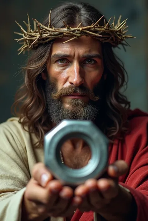 Bearded Jesus with a crown of thorns , an ironic smile and showing a large metal nut without screw for the screen.