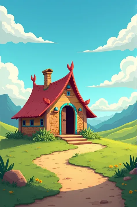  Cartoon of a house part of an indigenous people in the country of Bolivia. The house must be far away .  The design must be cartoon . bottomless.