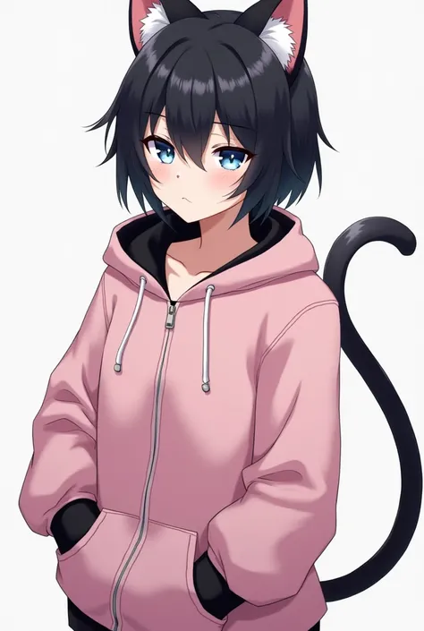 Anime Style, Anime, chains the pink huddy with black inside and un zippedl, short Black hair, 1 light blue and 1 silver eye, 1 male , neko ears, neko tail, neko male 

