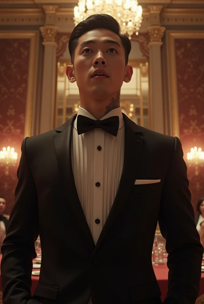  23-year-old man with black hair with a formal haircut and tattoos on his neck,  dressed in a black tuxedo , standing in a banquet hall ,  surprised after being slapped ,  realistic style  