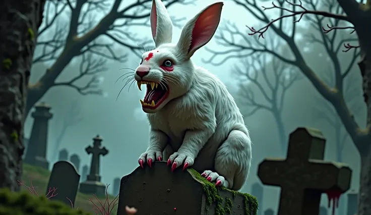 A large white blood-spattered  rabbit with big fangs sitting on a grave in a graveyard gothic and misty