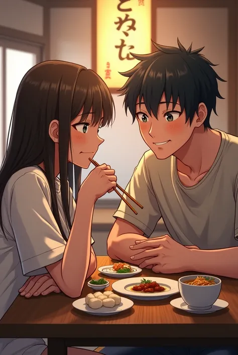 A hyper-realistic scene of a young man and woman sitting side by side at a simple table in an izakaya, eating with chopsticks. The woman, with long straight hair and wearing a casual white blouse, rests her elbow on the table and holds chopsticks with a sl...