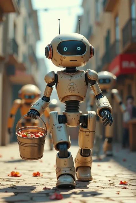  Aerial Robots Running Through the Streets with a Bucket of Food, Robot Photography, adorable  friendly robot , Cute Robot, Pixar.  octane render ,  Queue of Robots Waiting for Ice Cream , Pixar  octane render ,  Greg Rutkowski .  octane render ,  robot wi...