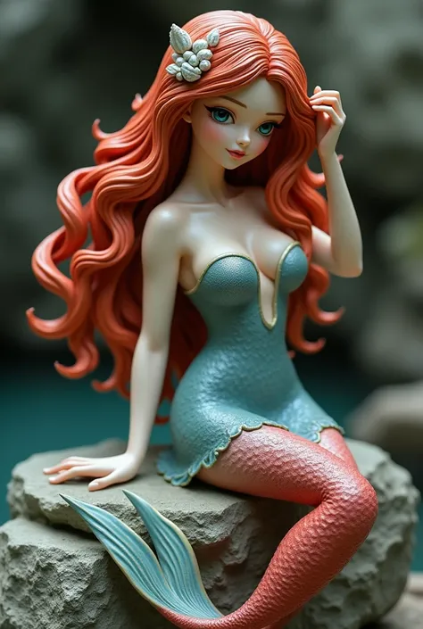 Statue of a mermaid with green eyes ,  long red hair with pearls and shells with her hands caressing it, wearing blue dress and long red fin ,  sitting on a rock   