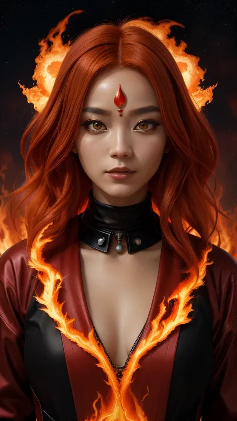 A beautiful Martian alien with red flame hair and a soy sauce face, her hair is made of flames, she has a third sleeping eye in the center of her forehead, a fantasy of the fantastical world of Mars surrounded by fire, light and mist, ultra high resolution...