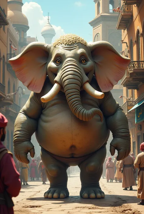 Create a hybrid image with the combination of a fat man and an elephant,in a bustling Arab city 