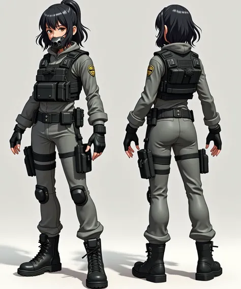 Create a stylized character of a girl designed for an action anime. The character has tan bronze skin, medium wavy hair, black hair, and amber-colored eyes. She is wearing a gray tactical suit, a black metallic muzzle that covers her nose and mouth, the bl...