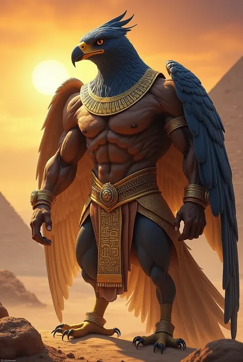 

"A giant falcon , muscular and fighting,  wearing clothes inspired by Ancient Egypt .  He wears a golden kilt with hieroglyphics ,  detailed metallic bracelets and a blue and gold pharaonic crown. Their wings are spread,  he is in a powerful combat pose ...