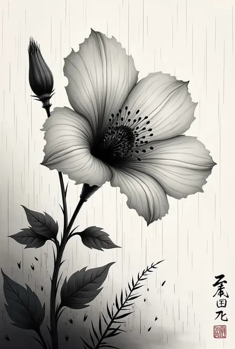 One very large flower,Move the flowers to the right,small amount of leaves,Ink Painting, black and white,Brush painting,Ikeo Kukusaki Kuka,Strong winds,heavy rain,Handwriting,Freehand,Drawing