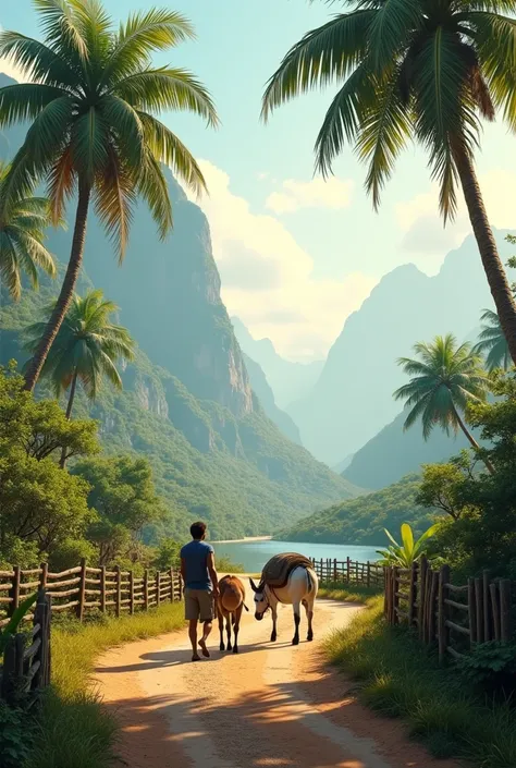 Interior landscape with animals, palm trees and mountains, a wooden fence and dirt road with a donkey and a man pulling