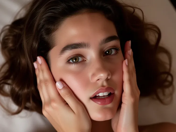 A vivid close-up of teenage beautiful girl Jennifer Connelly, beautiful face, elegantly arched nose, no makeup, wistful eyes, mouth opened, revealed figure, she lays on her back, someone wrapping her cheeks with his hands,SFW