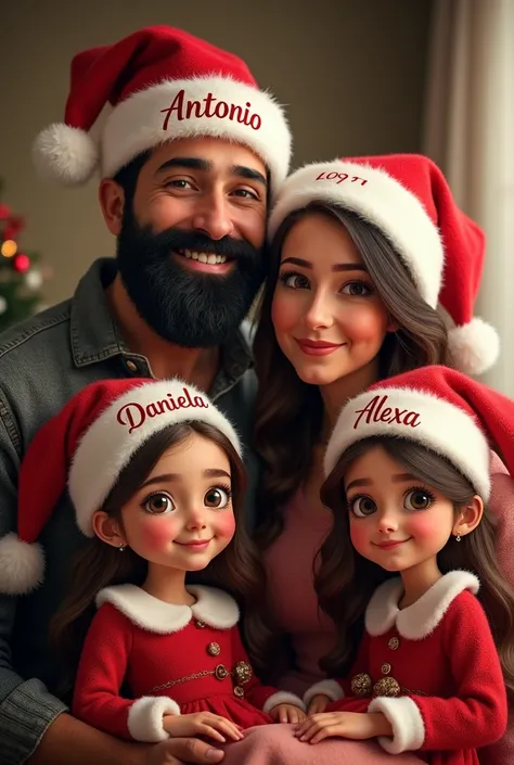 I want an image where a fathers family with a padlock beard Christmas hat that says Antonio and black hair and mom with a slightly chubby body long brown hair,  Christmas hat what does Sandra say and 2 girls, one of approximately  with long brown hair and ...