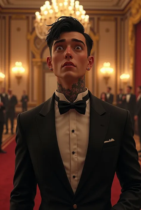  A 23-year-old man with black hair with a formal haircut and tattoos on his neck,  amber eyes and fair skin . He is a German , standing in a banquet hall ,  dressed in a tuxedo but with a tie ,  surprised after being slapped ,  realistic style 