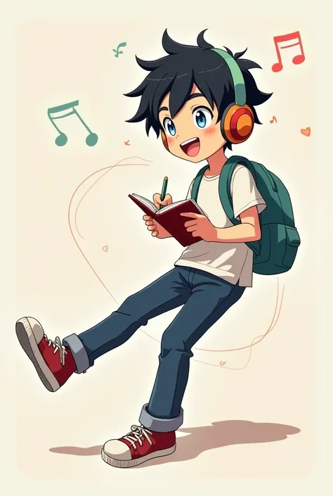 Boy, High Resolution, Black Hair, Smile, Blue eyes, Happy, cute, From Side, Feet Out Of Frame, Headphones, Motion Lines, Anime, Writing in a notebook 