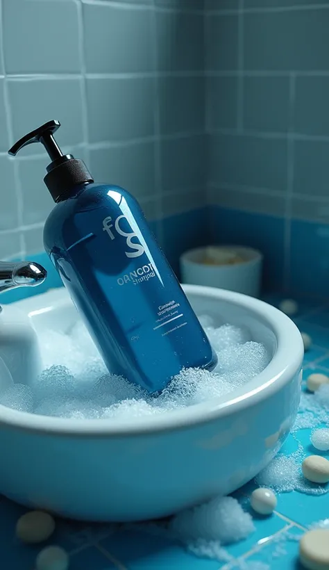 In cinematic 3D style, HD image, realistic image ,colourful image,
Action,A bottle of shampoo of dark Blue colors has fallen inside a bathroom, the material is falling out of it into the soap bar and there is water in the soap bar and there is a bottle of ...