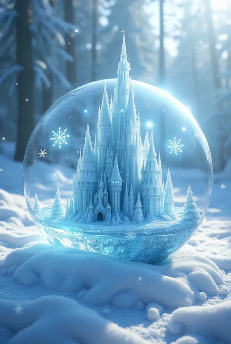 An ice castle inside a cristal ball in the snow