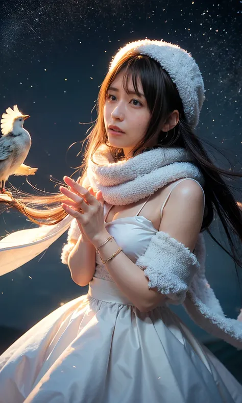 (    When she casts a spell , A legendary ice bird appears around the sky、 Magic Rim 、staring at something、diamond dust flutters、クリーム色のhair、   Heavy snowfall area      、   Snow is falling   、    blue eyes、    blue eyes、white winter clothes    、  gazing up ...