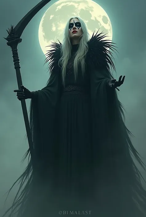 Picture of an adult woman wearing a grim reaper costume。 She has a scythe bigger than the multiverse compared to Earth。 Shes just a grain of sand to Earth 。 She has platinum blond hair 。 with black feathers on her back、sad but loving smile 、Makeup like the...