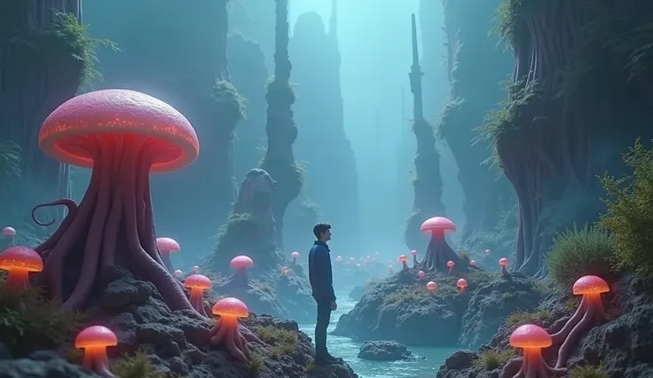 a selfie of a man in an alien landscape, there are many pink mushrooms growing out of the rocks, beautiful alien landscape, amazing alien landscape, surreal alien realm, lush alien landscape, stunning alien landscape, alien environment, stunning alien land...