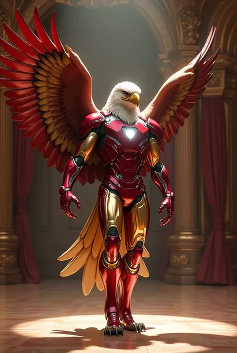 Make a hybrid iron man plus giant eagle dancing on the stage flor 


