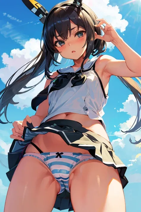 masterpiece, best quality, ultra detailed, ((striped panties)), (cowboy shot, crotch is close-up, ground-level, from below, mini skirt, from front), KanColle Shimakaze