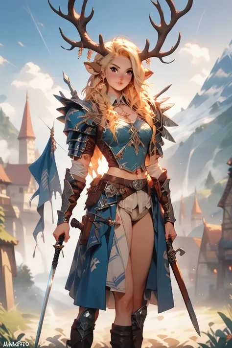 card illustration, high details, high quality, young beautiful blonde woman, brown eyes, athletique, full body shot, hold a sword in her left hand, armor, behind her we see mountains and her viking village, she has tatoo with black ink and blue paint on he...