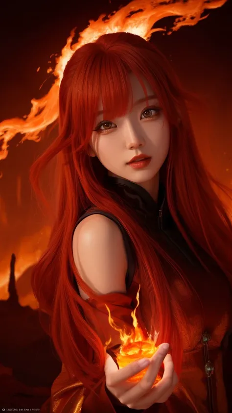 Beautiful Martian alien with red flame hair and a soy sauce face, her hair is made of flames, she has three beautiful eyes, a fantasy world of fire, light and mist on the natural planet Mars, ultra high resolution, painting style, 8k