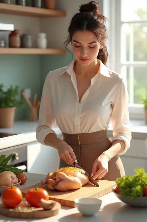 Pretty woman cutting chicken