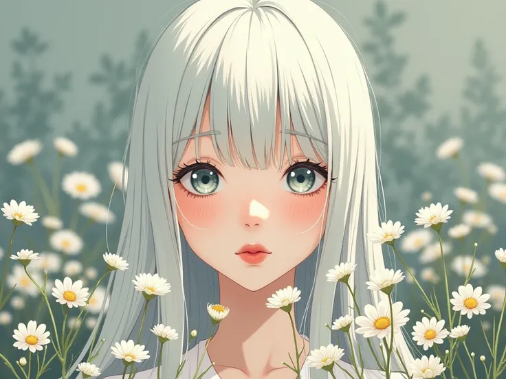 An anime-style illustration portrays a literary young woman with a melancholic aura. Her long white hair, styled with neat bangs, accentuates her fair complexion and soft facial features. Her gray-blue eyes exude quiet emotion, and her dark red lips add a ...