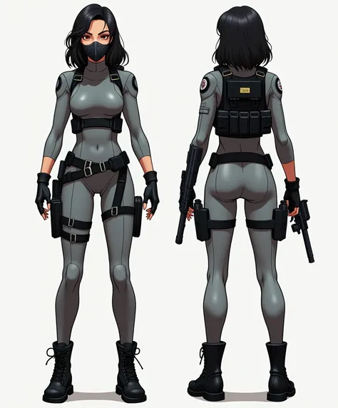 Create a female character that is designed for a stealth video game. The art style is anime-based. The character has tan bronze skin, medium wavy hair, black hair, and amber-colored eyes. She is wearing a gray bodysuit, a black metallic muzzle that covers ...