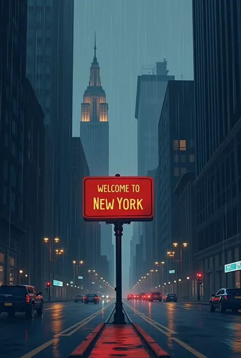  Minimalist digital illustration in solid color vectors, A sign that says "Welcome to New York "  in New York City on the dark and rainy night