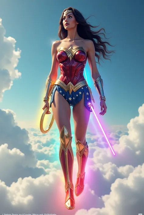 Wonder woman in litmus armor floating in the sky full body 