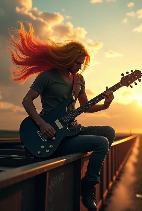 Hyper-REALISTIC Epic Scenario . 

A man plays the black guitar 
Long yellow hair mixed with red on top of a moving train car 
