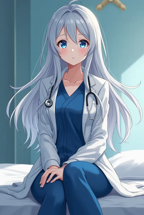  My Hero Academia screenshot 
Young woman with long light gray hair
 loose hair 
, blue eyes 
attractive  , pretty,  beautiful 
dressed as doctor 
Sitting in a bed
 
 
full body


Study Bonuses 