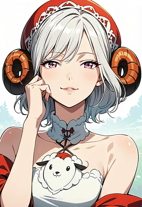 beautiful woman, seductive look, smiling, Hand on face, shored up ,  interested look,  white hair, sheep design , anime