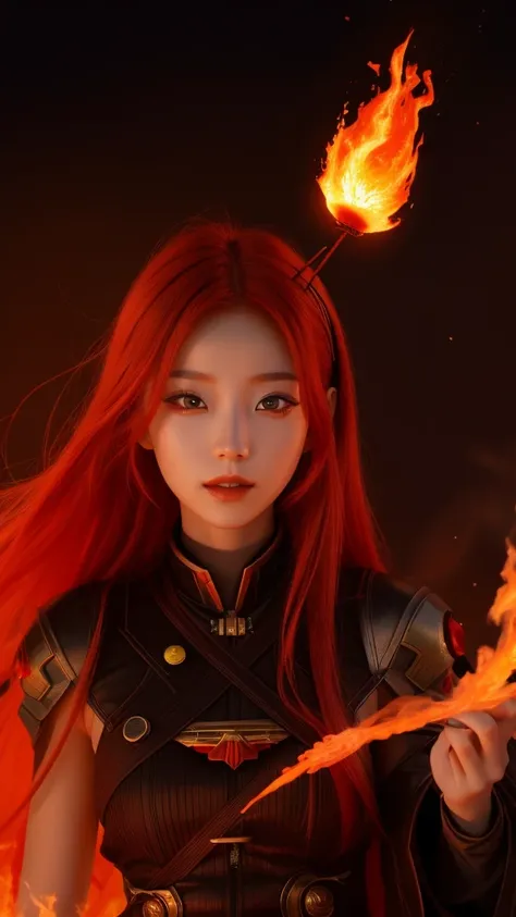 Beautiful Martian alien with red flame hair and a soy sauce face, her hair is made of flames, she has three beautiful eyes, a fantasy world of fire, light and mist on the natural planet Mars, ultra high resolution, painting style, 8k