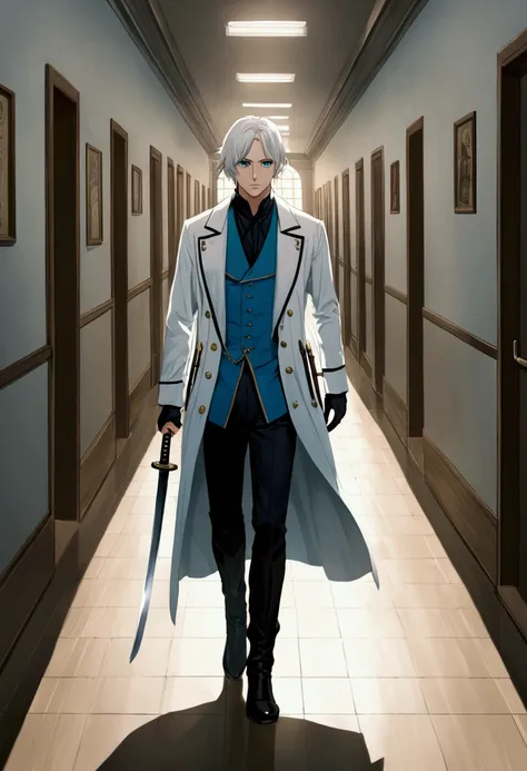 1guy, white hair, short hair, aqua eyes, walking in a hallway of an academy, wearing, black victorian shirt, blue vest, white trenchcoat, black boots, holding a katana