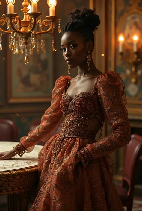 A melanated woman is standing next to a table, haute couture fashion shoot, star flares, style of ian hubert, bar background, very detailed and rich clothing, containing tables and walls, hypermaximalist, androgyny, sparkling spirits, very tall ceilings, i...