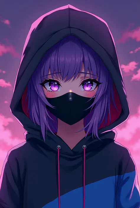  anime style, A girl, with purple hair, with purple eyes, with sweatshirt color black purple sky blue,hooded, with black mask 