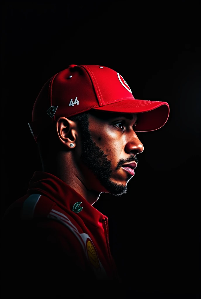 You can generate an F1 Ferrari team logo with black backgrounds and red lines with him and the name Lewis Hamilton with his number 44