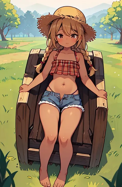 braids hair, bangs covering eyes, (( very wide hips)), ((fullbody)), ((barefoot)), (( Brown skin)), flat chest, (( very short shorts)) farmer girl, farmer hat, blond, freckles, standing, front pose, ((bandeau top)) red plaid top, muddy feet, (( full body))...