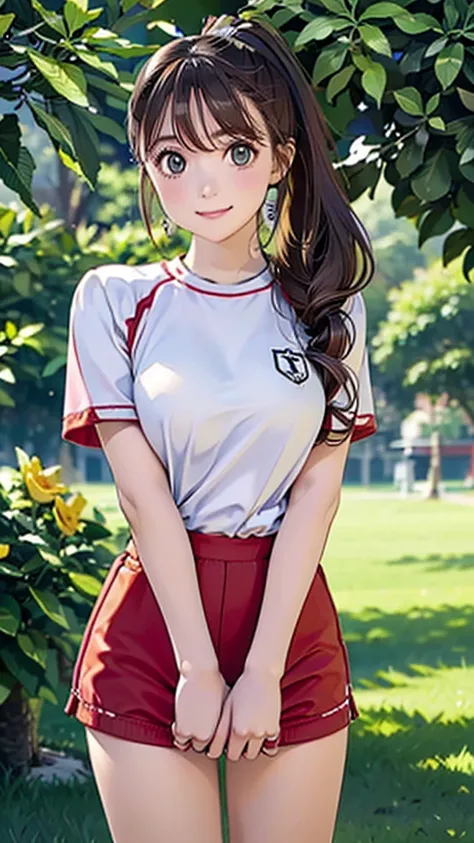 (( top quality)), ((masterpiece)), (  Details), A bright and cheerful sporty teenage girl with a cute smile, wearing a stylish athletic outfit in vibrant colors (such as light pink, sky blue, and white). She has medium-length, wavy hair tied into a playful...